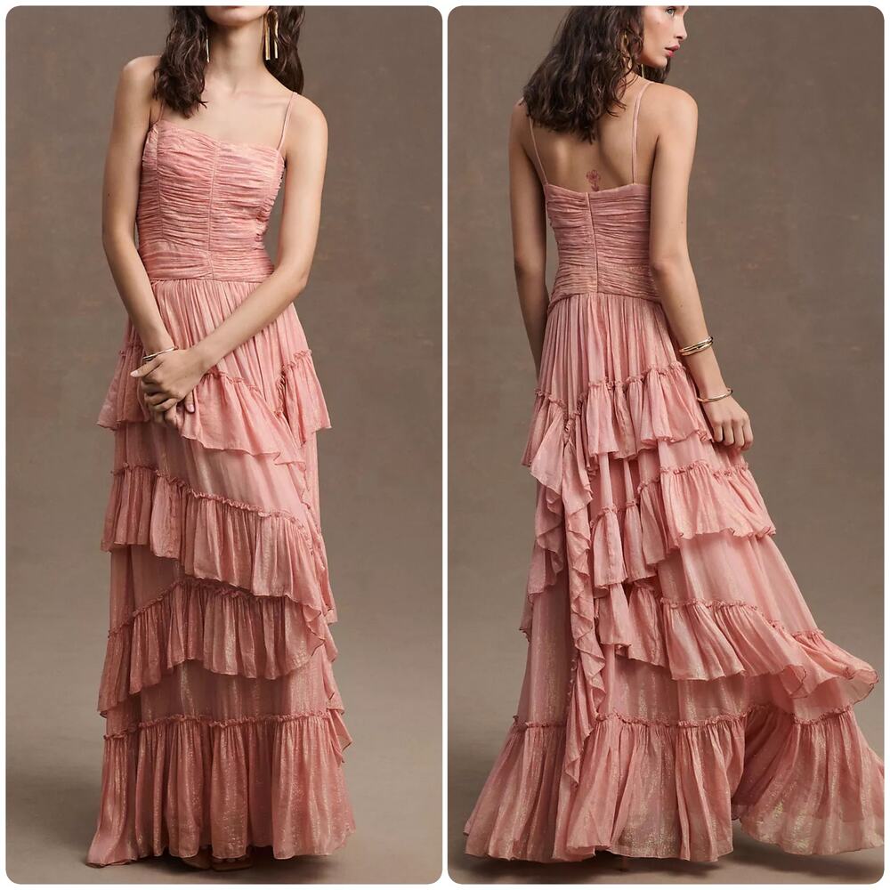 Anthropologie BHLDN Jessa Asymmetrical Ruffled Drop Waist Gown 0 Pink Metallic